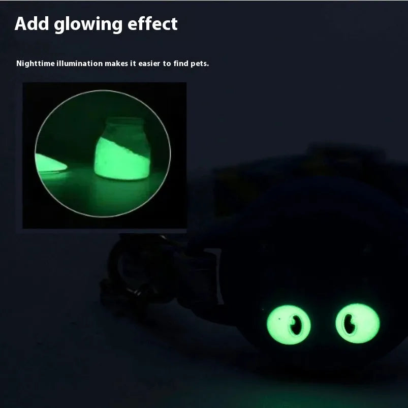 Adjustable cat collar with AirTag protective case in colour-matched design showing sizing options