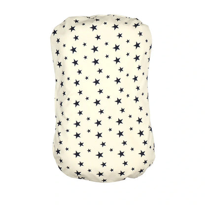 Portable crib with interchangeable fabric cover showing 75x45cm dimensions and multiple colour options