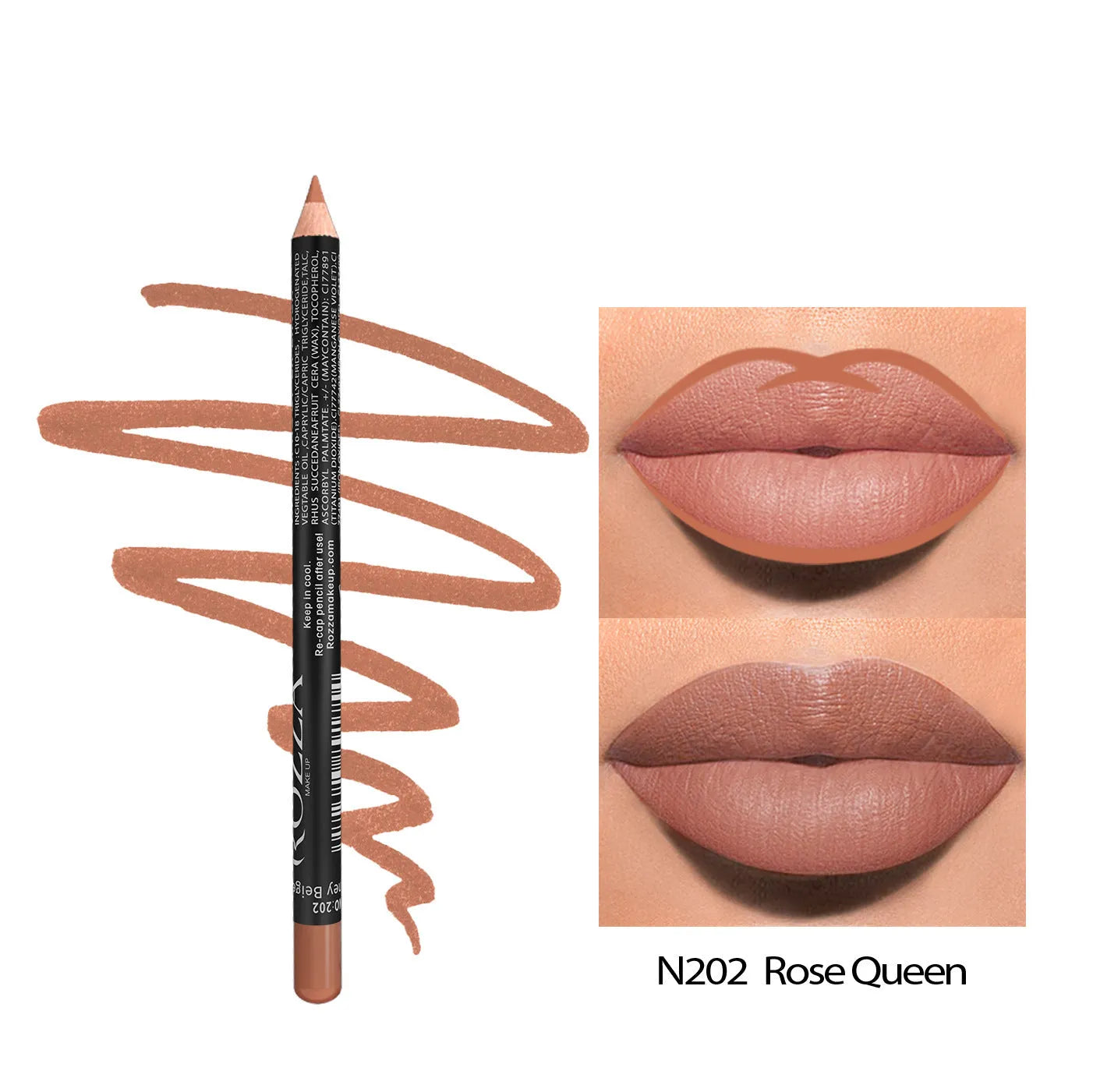 Matte lip liner pencil in wooden casing shown in shade range 201-214 on a white background