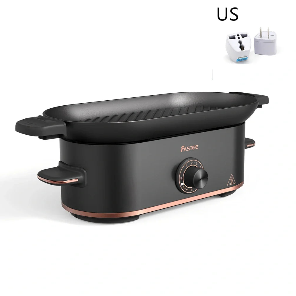 Mini electric barbecue plate grill with titanium black finish, measuring 350cm long, for smoke-free indoor cooking