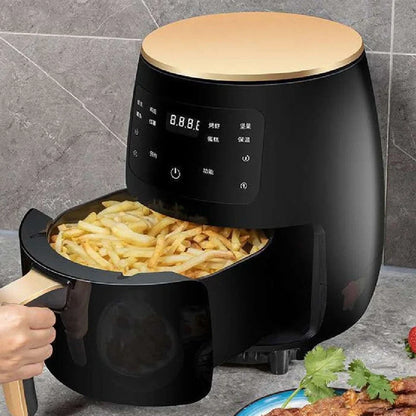 Black smart touch air fryer with stainless steel body and digital control panel showing cooking settings