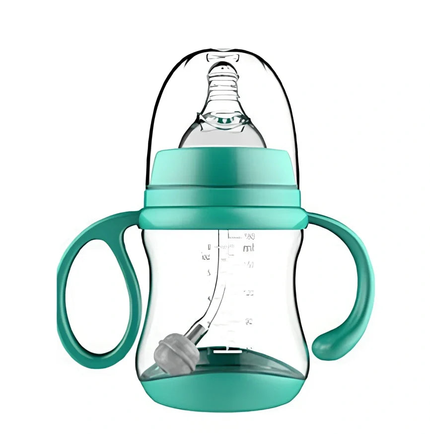 Baby feeding bottle with curved double handles in blue or pink, showing wide caliber opening and transparent PP construction