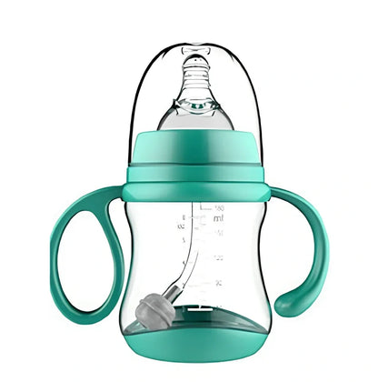 Baby feeding bottle with curved double handles in blue or pink, showing wide caliber opening and transparent PP construction
