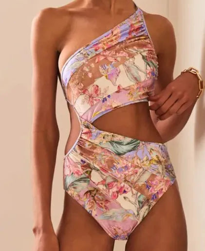 Women's patterned rose gold swimsuit available in six sizes for summer swimming