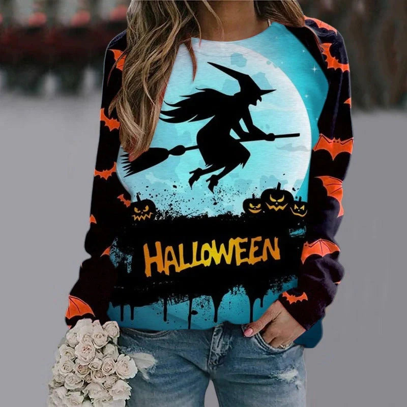 Halloween cartoon print sweatshirt for women in various styles and sizes