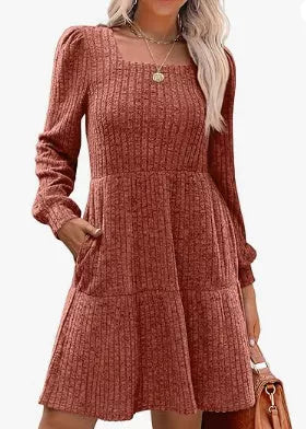 Solid color round neck knitted dress sweater in various colors and sizes