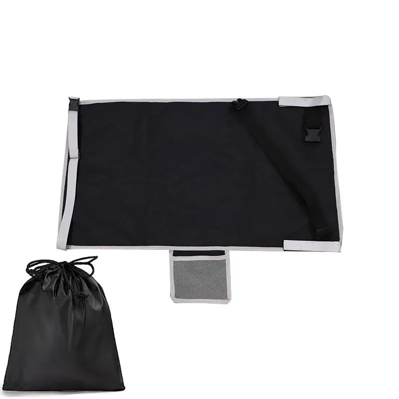 Portable blue children's aircraft seat extender kit with drawstring storage pocket.