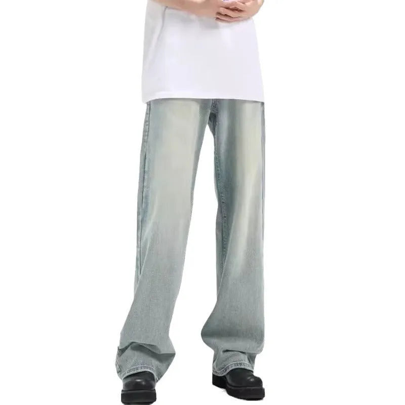 Blue retro loose casual trousers made from rabbit fur with high elasticity, showing loose fit and distinctive texture