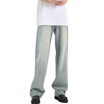 Blue retro loose casual trousers made from rabbit fur with high elasticity, showing loose fit and distinctive texture