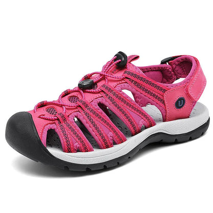 Women's black leather mesh sandals with elastic band and wide round toe box on rubber sole