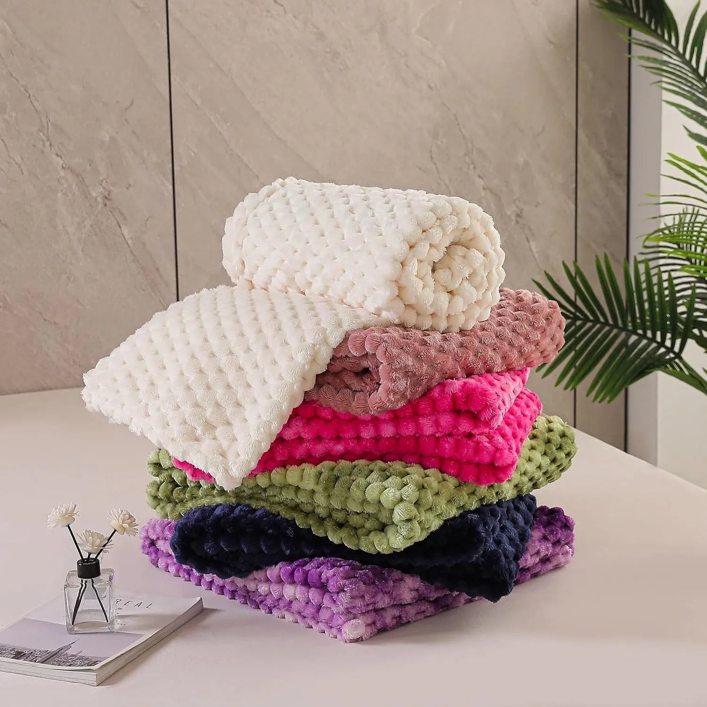 Children's soft plaid blanket in polyester fabric showing colour and size options