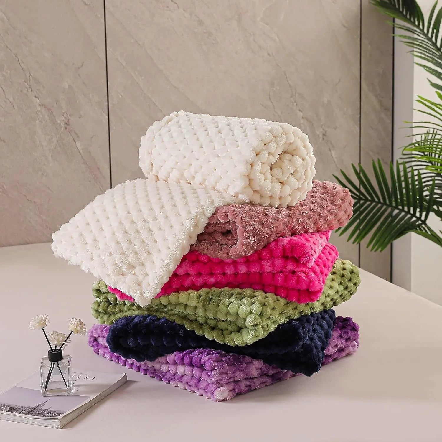 Children's soft plaid blanket in polyester fabric showing colour and size options