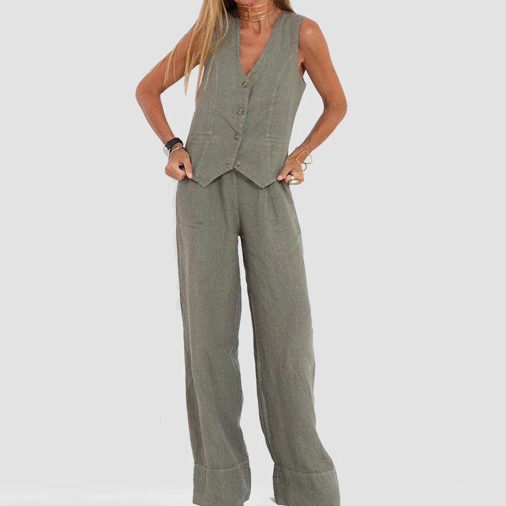 Stylish women's summer vest outfit with V-neck, sleeveless top, and loose straight trousers in a variety of colors