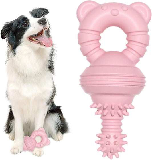 Blue molar clean teeth rubber dog chew toy with concave-convex design and bell, 13.5cm size
