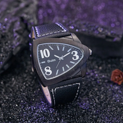 Men's casual triangle belt dial quartz watch with stainless steel bracelet in brown colour.