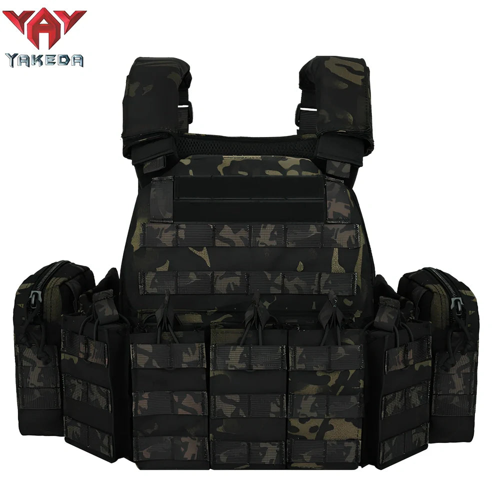 Combat camouflage tactical vest with adjustable waist showing 600D polyester construction and multiple pattern options