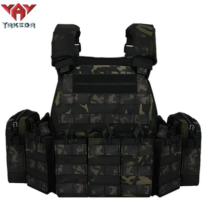 Combat camouflage tactical vest with adjustable waist showing 600D polyester construction and multiple pattern options