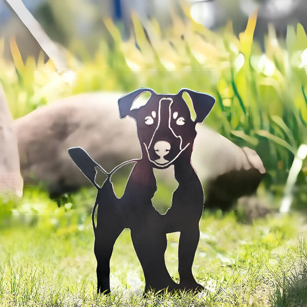 Metal dog silhouette garden decoration showing breed outline on iron background for outdoor display