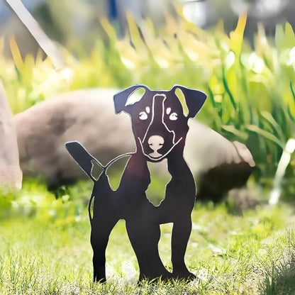Metal dog silhouette garden decoration showing breed outline on iron background for outdoor display
