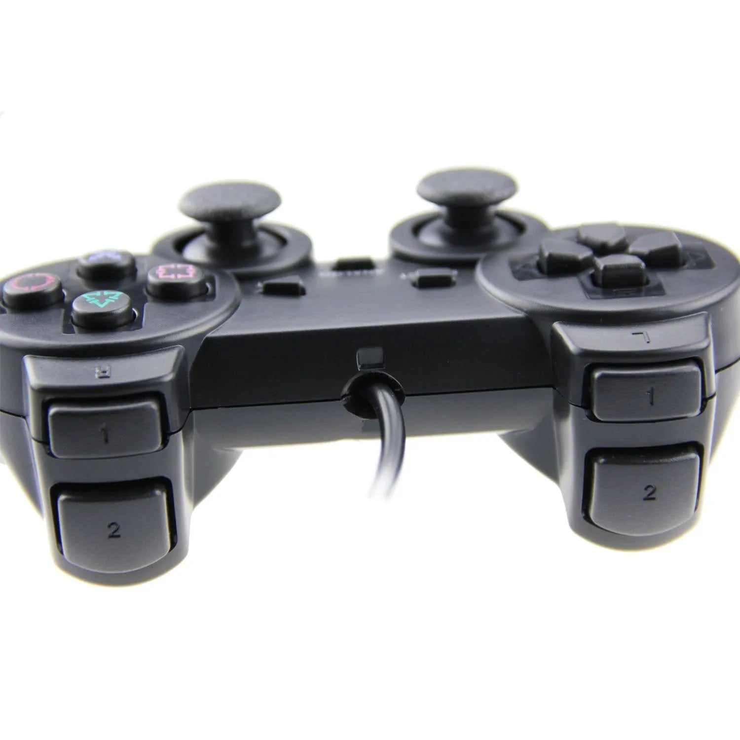 PS2 wired vibration game controller in metallic finish with USB connection cable
