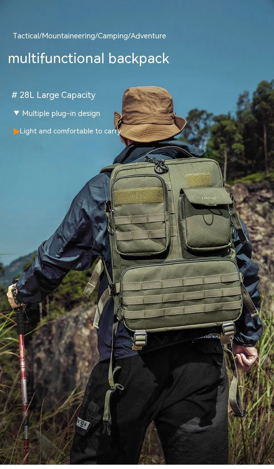 Army green tactical backpack showing 17-inch size with waterproof nylon construction