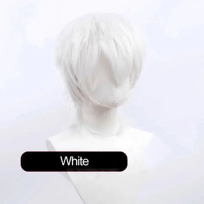 Short black anime-style cosplay wig for men with a lengthened hair tail, made from synthetic fibre.