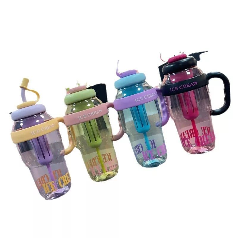 Cartoon design plastic water bottle with straw, 1200ml capacity, available in pink, purple, red, black, yellow
