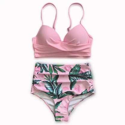 Women's floral print push up bikini set with steel underwire bra and high waist briefs