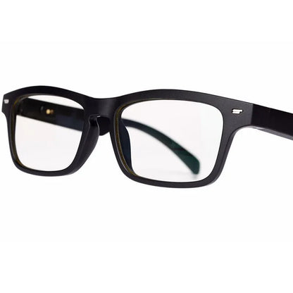 Smart glasses with semi-open Bluetooth audio, anti-blue light lenses, and IPX7 waterproof rating on a person