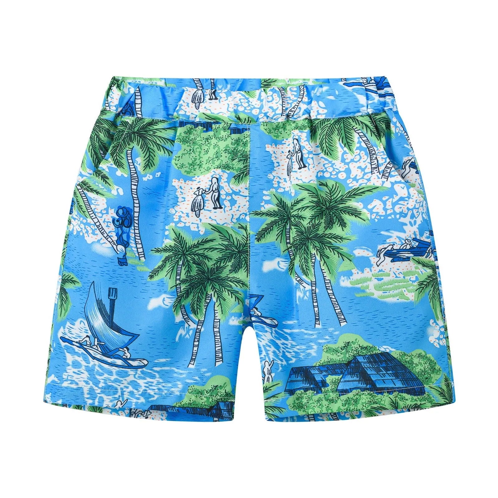Colourful printed beach shorts with elastic waistband showing tropical patterns including coconut trees and pineapples