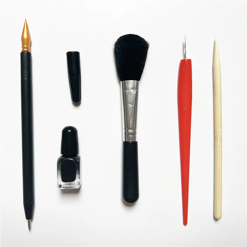 Scratch art repair kit with scraper pen, repair solution, brush, small scraper, and bamboo stick components
