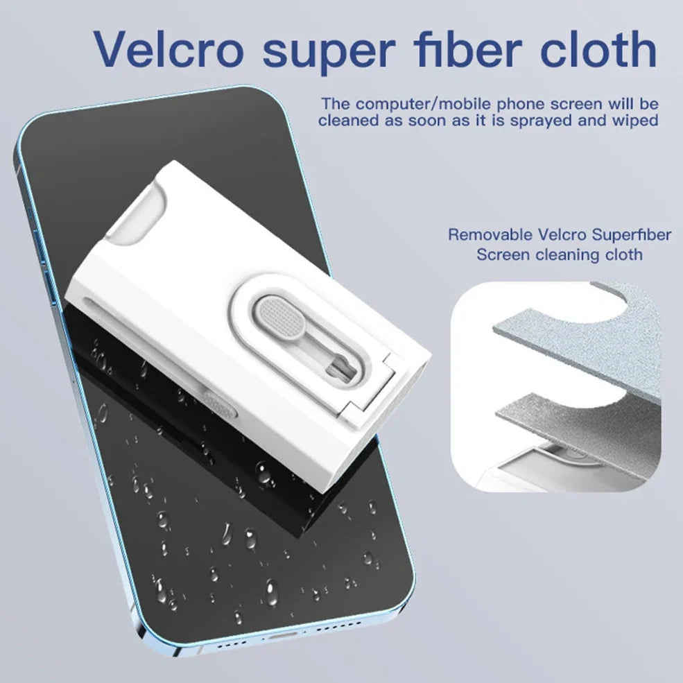 White 8-in-1 cleaning kit with ABS plastic case measuring 9cm showing keyboard, phone, lens, and earbud cleaning tools