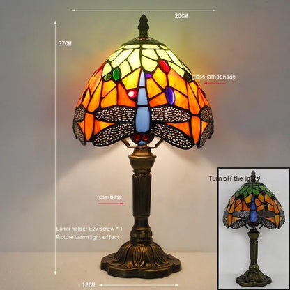European style stone table lamp with dragonfly motif in blue finish, 30cm height