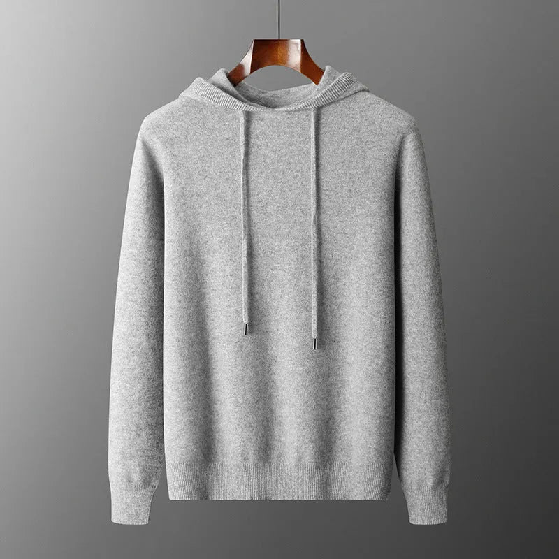 Men's cashmere hooded sweatshirt and trousers set in light grey or dark grey for winter leisure wear