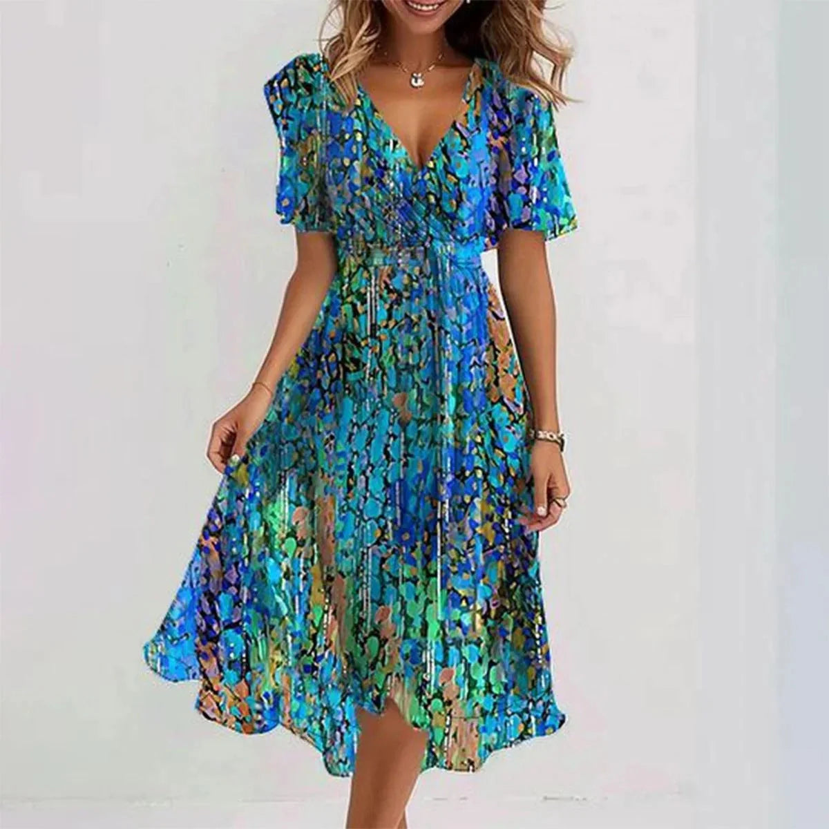 Elegant summer chiffon V-neck dress with floral print, available in multiple colors and sizes.