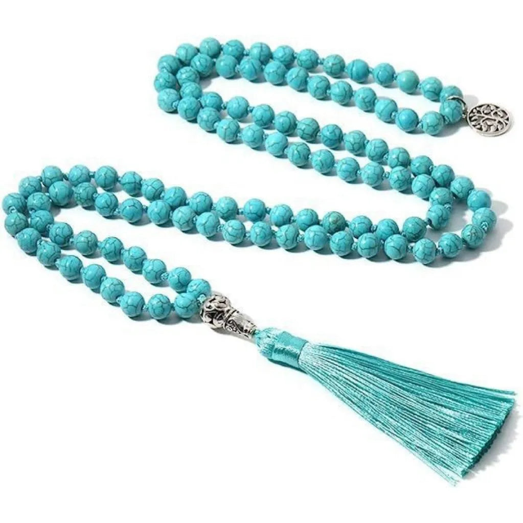 Handmade knotted beaded necklace with 108 natural stone beads in various colours.