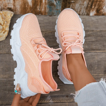 Women's Flyknit mesh casual sports shoes in multiple colours showing flat heel and lace-up design