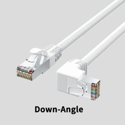 Black Cat6 Ethernet cable with a right-angle metal RJ45 connector lying flat on a wooden surface