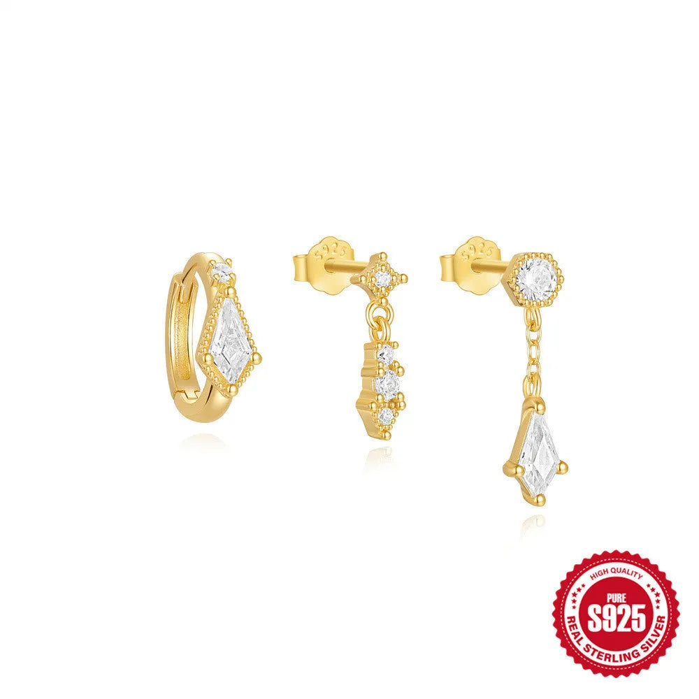 S925 sterling silver geometric earring set with three designs featuring zircon accents in gold tone finishes