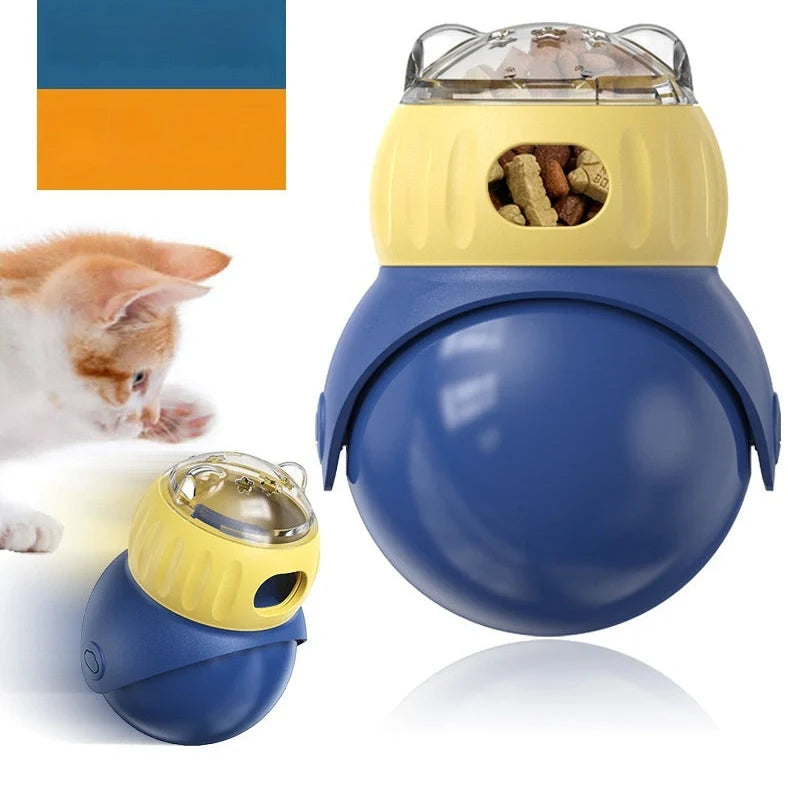 Yellow and blue Tumbler Owl cat puzzle feeder with dual food compartments and weighted base