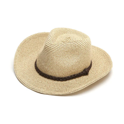 Man's foldable natural straw sun hat with a wide brim shown in mixed beige colour.