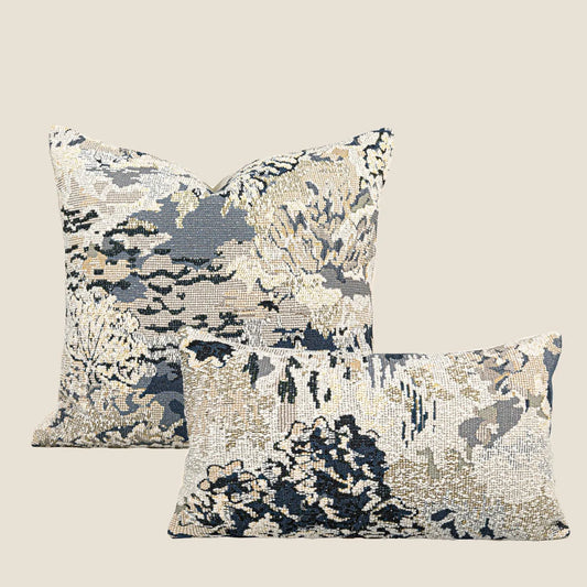 Square decorative cushion with botanical pattern in antique blue, wool blend fabric, feather velvet filler