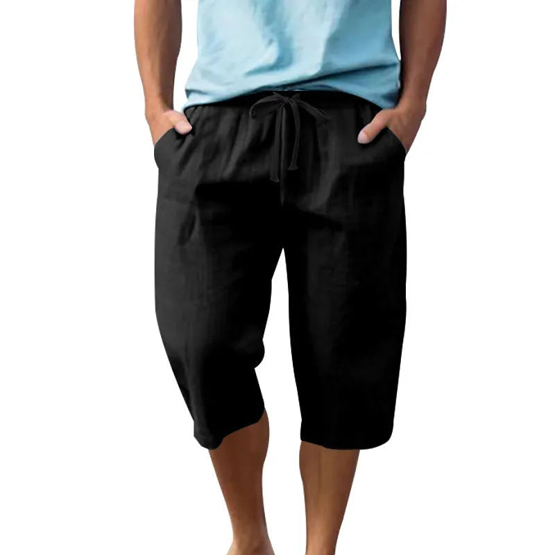 Men's linen shorts in light blue with drawstring waist and cropped straight-leg design