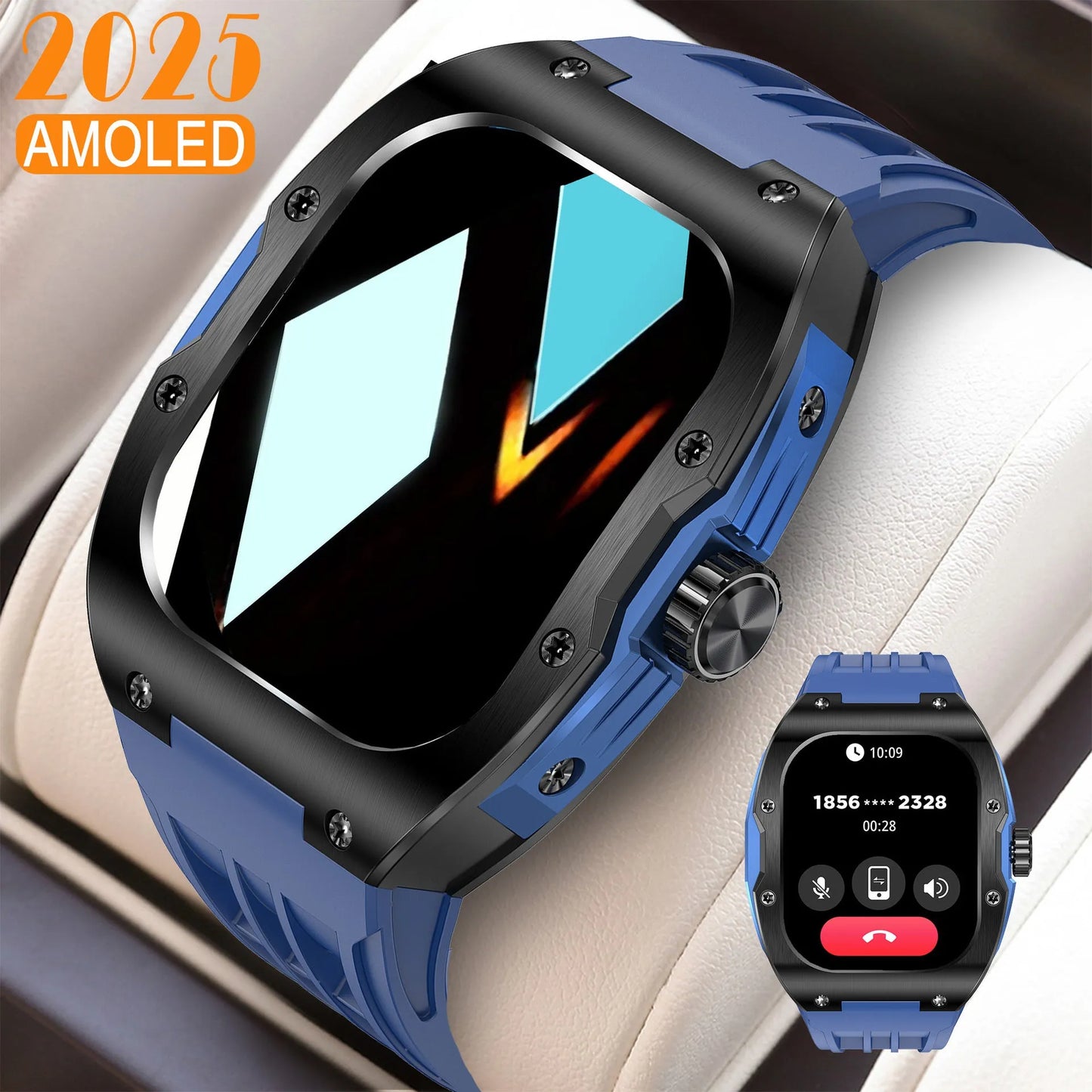 Smart watch with AMOLED screen and Bluetooth calling function in black blue tape colour option