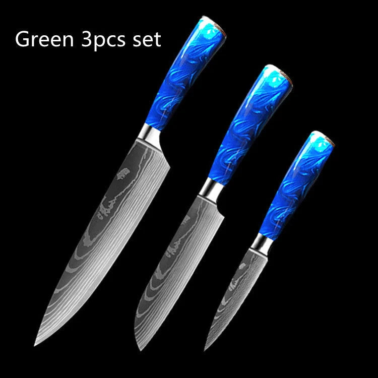 8-inch Chef Knife with vibrant blue resin handle, perfect for precision cutting in the kitchen.