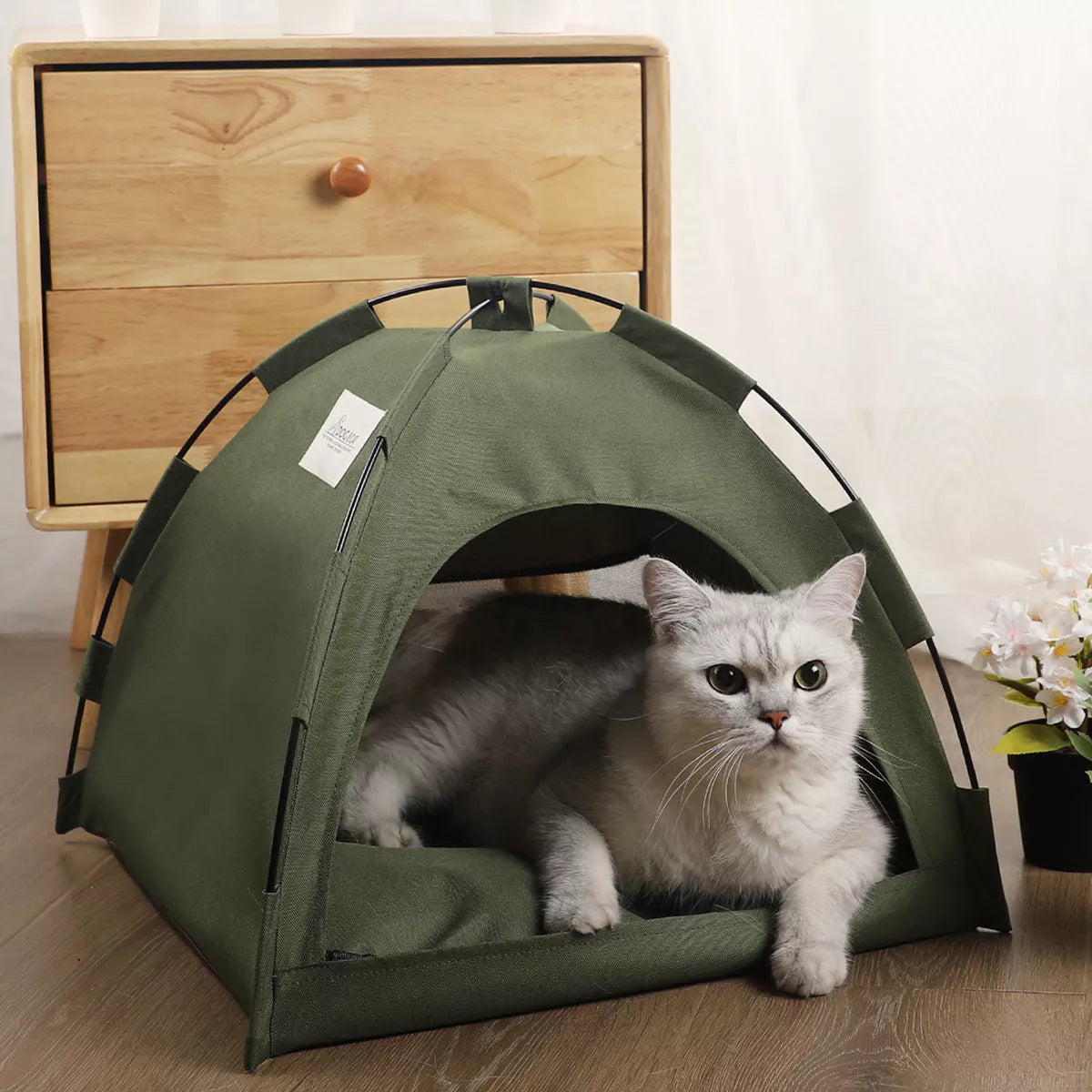 Cat tent cooling mat with cushion for indoor and outdoor pet comfort in military green and turquoise gray