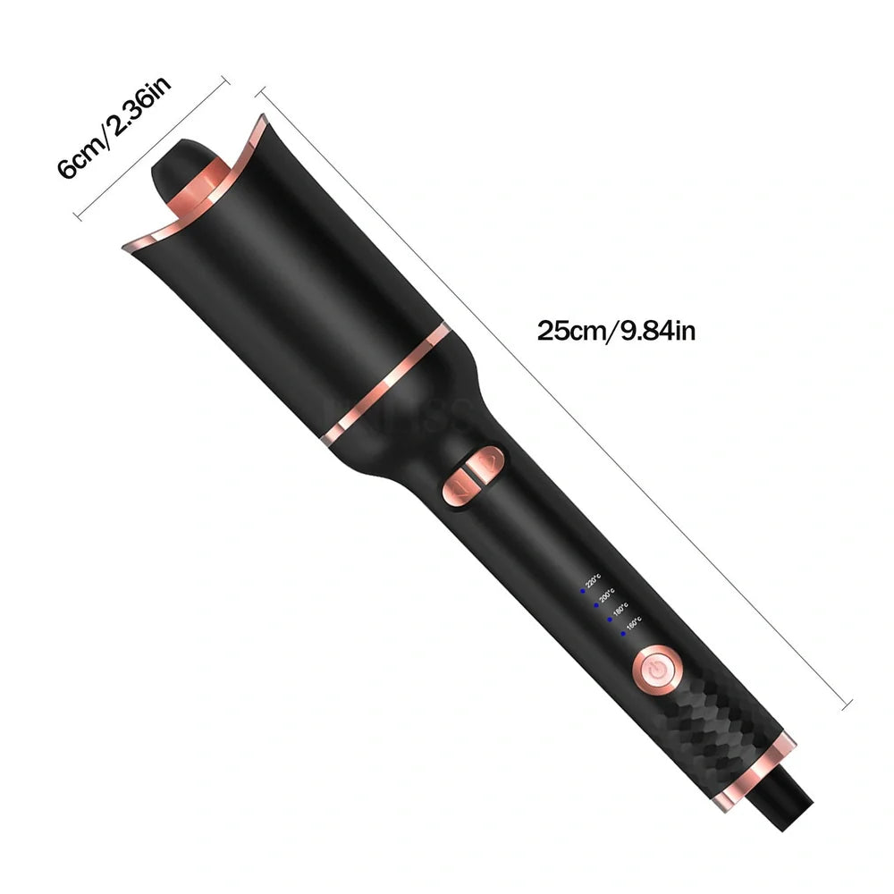 Black automatic hair curler with rotating 16-20mm barrel and digital temperature display showing 10 heat settings