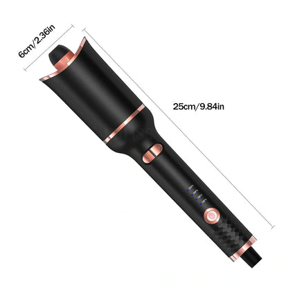 Black automatic hair curler with rotating 16-20mm barrel and digital temperature display showing 10 heat settings