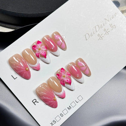 French style lily fluid ice flower three-dimensional press-on nails in almond shape