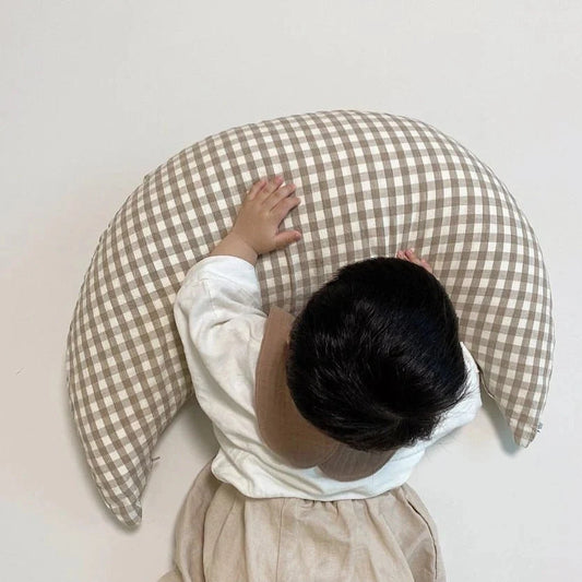 Moon-shaped plaid cotton nursing pillow for newborns in yellow, green, and brown